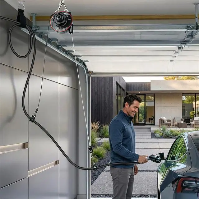 Alt view image 6 of 7 - EV Charger Cable Retractor, Universal Cable Management System | Auto Retracting Reel, Ceiling or Wall Mount, Keeps Cables Off Floor, Compatible with Most Level 2 EV Chargers