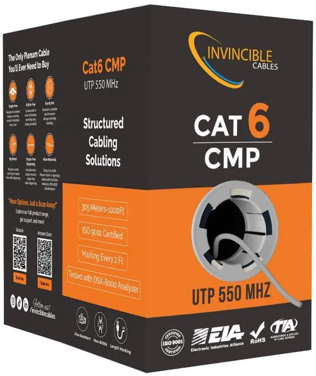 Main image of Cat6 Plenum Cable 1000ft | DSX-8000 Analyzer Tested Up to 100m | 550 MHz, 23AWG, 4 Pair, UTP | The US's Most Accredited Cable | Gray (Also Available in 7 Colors)