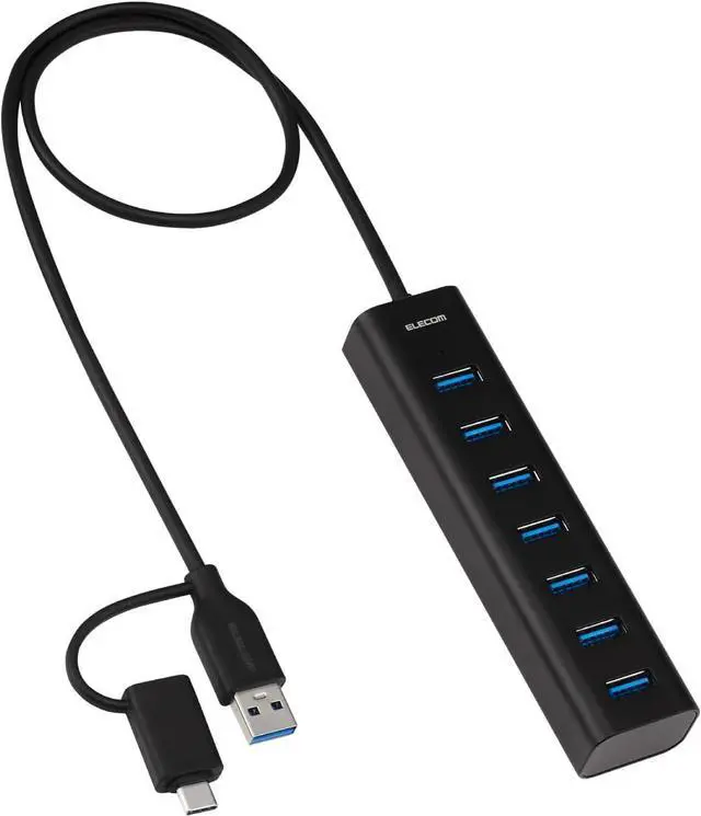 Main image of Elecom U3HC-T070SEBK USB Hub, USB-A Connection, 7 Ports, 5Gbps, Self-Powered Cable, 19.7 inches (50 cm), Aluminum Housing, Black