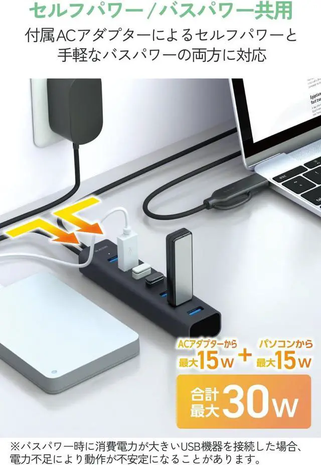 Alt view image 5 of 7 - Elecom U3HC-T070SEBK USB Hub, USB-A Connection, 7 Ports, 5Gbps, Self-Powered Cable, 19.7 inches (50 cm), Aluminum Housing, Black