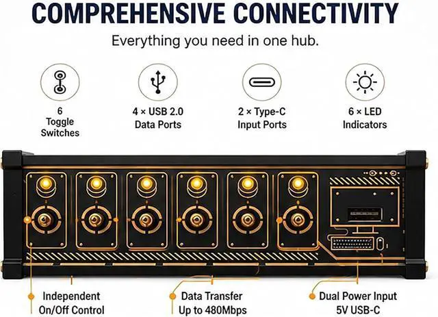 Alt view image 3 of 7 - 6 Port USB Switcher, USB Hub Docking Station, with Independent Control Button, Voice Control Function, Data Transmission, Share USB Devices, for Boyfriend Gift
