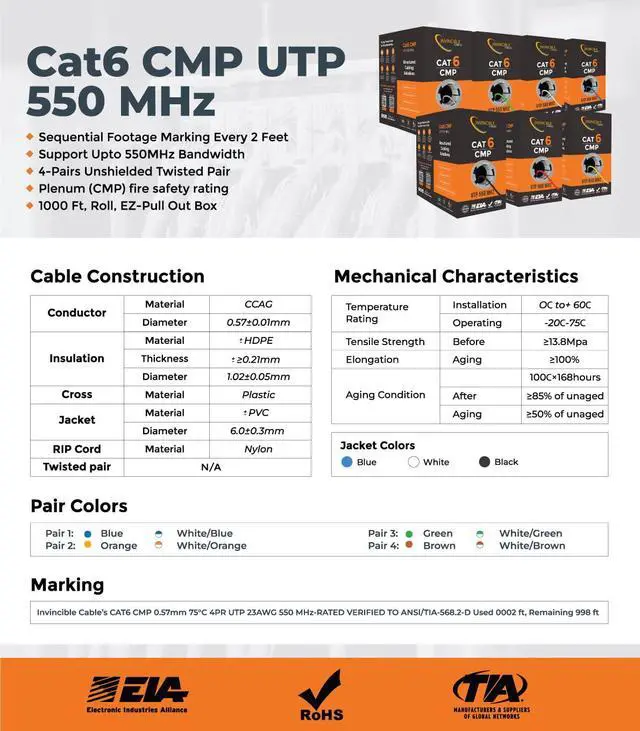 Alt view image 6 of 7 - Cat6 Plenum Cable 1000ft | DSX-8000 Analyzer Tested Up to 100m | 550 MHz, 23AWG, 4 Pair, UTP | The US's Most Accredited Cable | Gray (Also Available in 7 Colors)