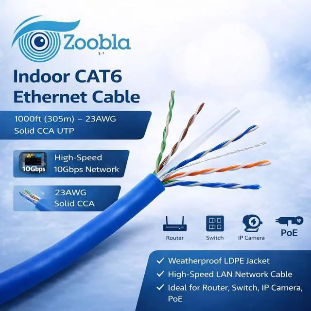 Alt view image 2 of 7 - | Indoor CAT6 Ethernet Cable 1000ft (305m) 23AWG Solid CCA UTP, LDPE Weatherproof Jacket, High-Speed LAN Network Cable for Router, Switch, IP Camera, PoE Wooden Reel