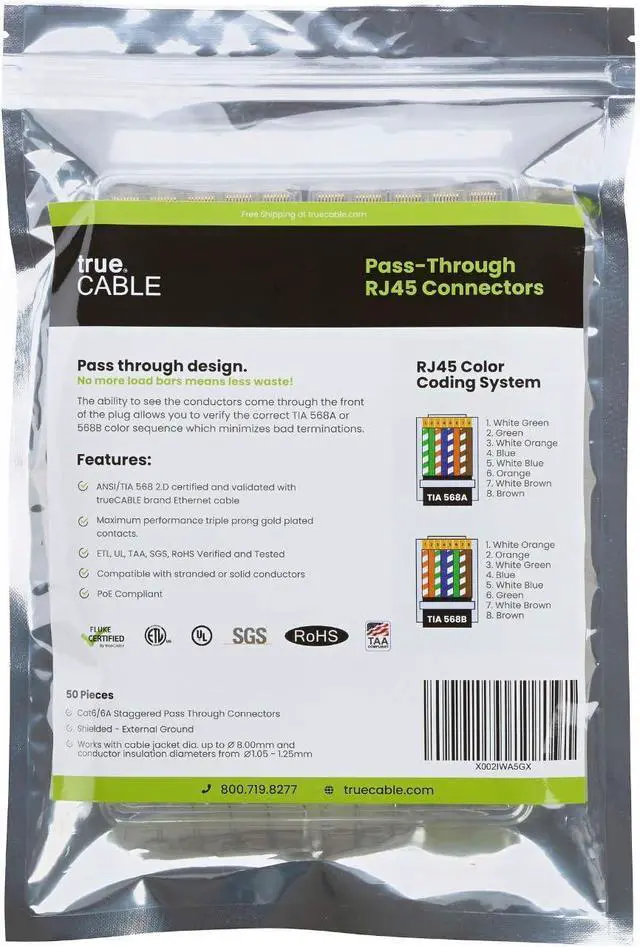 Alt view image 2 of 7 - trueCABLE Cat6/6A RJ45 Pass Through Modular Plugs, Shielded (STP) External Ground Connector, UL Listed, EZ Crimp, Gold Plated 3 Prong 8P8C, 50 Pieces