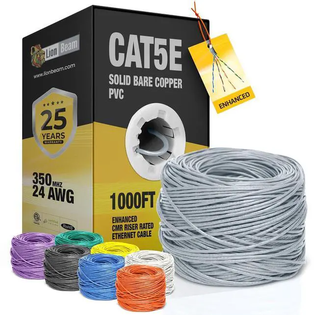 Main image of LION BEAM Solid Bare Copper Cat 5e Ethernet Cable 1000ft Pull-Box 24AWG CMR Insulated Network Cable 350 MHz Speed 1-5Gbps UTP Bulk Ethernet Riser Cable with Smooth Bulk Cat 5 Ethernet Cable Spool
