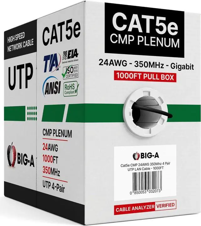 Main image of Big-A - Plenum Ethernet Cable 1000ft, Bulk Cat5e Cable (CMP) Gigabit Solid Network Wire, 350MHz Cat5e Ethernet Cord, Unshielded Twisted Pair (UTP) - Black