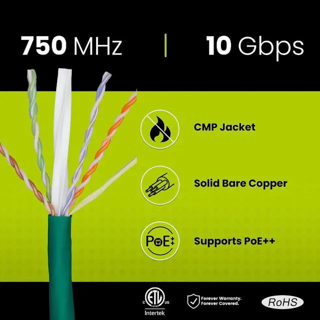 Alt view image 2 of 7 - TRUE CABLE Cat6A Plenum Bulk Ethernet Cable (CMP), Unshielded UTP, 1000ft, Green, 23AWG Solid Bare Copper, 750MHz, 10Gbps, PoE++ (4PPoE), ETL Listed