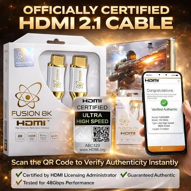 Alt view image 7 of 7 - Fusion8K White HDMI 2.1 Cable 10 Feet - Certified 48Gbps 8K@60Hz 4K@120Hz 10K | HDR Dolby Vision eARC | Braided Cord for PS5 Xbox Series X Apple TV 4K