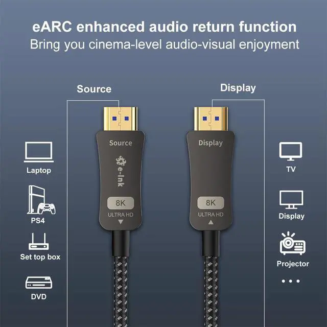 Alt view image 6 of 7 - 8K HDMI Fiber Optic Cable 30m(98.4ft), HDMI 2.1 Ultra High Speed 48Gbps 8K60Hz 4K120Hz Slim Braided Cable HDR/eARC HDCP 2.2/3D Compatible with PS3/4, Xbox, Projector, TV, DVD Player
