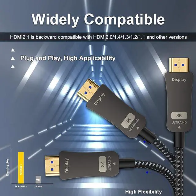 Alt view image 7 of 7 - 8K HDMI Fiber Optic Cable 30m(98.4ft), HDMI 2.1 Ultra High Speed 48Gbps 8K60Hz 4K120Hz Slim Braided Cable HDR/eARC HDCP 2.2/3D Compatible with PS3/4, Xbox, Projector, TV, DVD Player