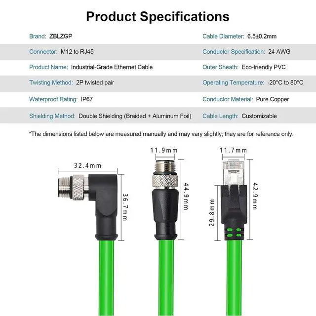 Alt view image 7 of 7 - M12 D-Code 4-Pin Male to RJ45 Industrial Ethernet Cable, 20M (65.6ft), 24AWG CAT5e SFTP Shielded PVC, IP67 Waterproof, for Profinet, EtherCAT, Encoder & Industrial Network