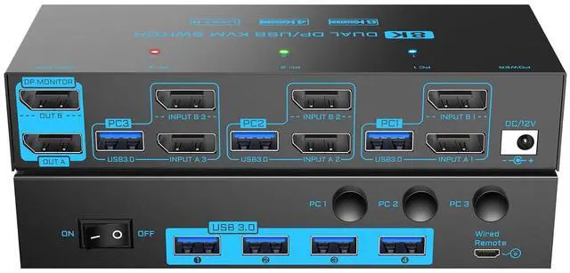 Main image of 8K/4K Displayport 1.4 KVM Switch 2 Monitors 3 Computers Dual Monitor 8K@30Hz/4K@144Hz 3 Port Dual DP1.4 USB 3.0 KVM Switches 3 PCs Share 2 Monitors & 4 USB 3.0 Devices with Desktop Controller