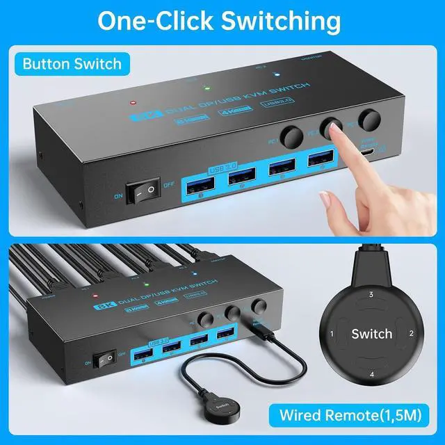 Alt view image 7 of 7 - 8K/4K Displayport 1.4 KVM Switch 2 Monitors 3 Computers Dual Monitor 8K@30Hz/4K@144Hz 3 Port Dual DP1.4 USB 3.0 KVM Switches 3 PCs Share 2 Monitors & 4 USB 3.0 Devices with Desktop Controller