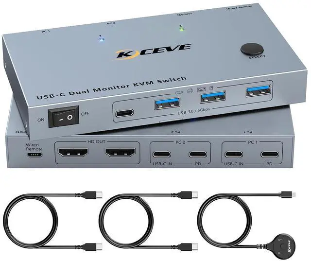 Main image of USB-C KVM Switch 2 Monitors 2 Laptops 4K@60Hz, USB C KVM Switch Dual Monitor for 2 laptops to Share 2 Monitor and 4 USB3.0 Devices, 80W PD Charging, Wired Remote and Cables Included
