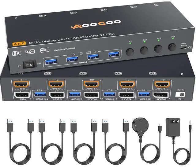 Main image of HDMI Displayport KVM Switch 4 Computers 2 Monitors, 8K@60Hz/4K@144Hz Dual Monitor KVM Switch for 4 PCs Share 2 Monitors, with 4 USB3.0 Ports, USB Cables and Power Adapter,Black 15cm HDMI DP KVM