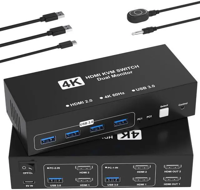 Main image of HDMI KVM Switch 2 Monitors 2 Computers, 4K@60Hz Dual Monitor KVM Switches USB Switch with 4 USB 3.0 Ports Sharing Keyboard Mouse Printer, Computer Switch Monitor Switch for 2 Computers with Controller