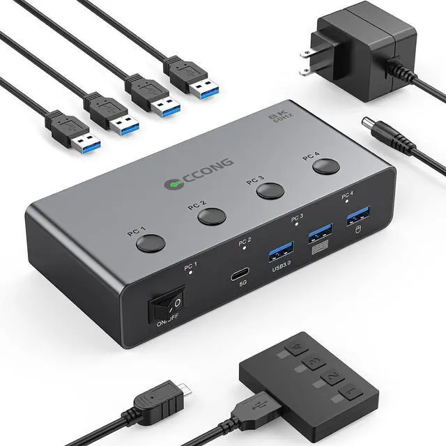 Main image of 8K@60Hz HDMI KVM Switch 4 Computers Share 1 Monitor KVM Switches 4 Port with 3 USB 3.0 and 1 USB C Ports Share Keyboard Mouse Hard Drives Printer with 4 USB Cables and Desktop Controller