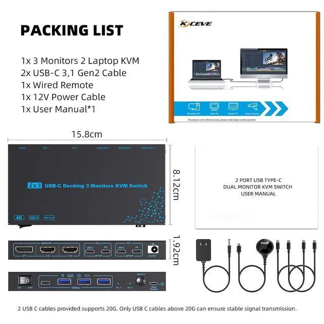 Alt view image 7 of 7 - KVM Switch 3 Monitors 2 Laptops 4K@60Hz, USB C KVM Switcher with PD Charging Function for 2 Computer Share 3 Display-2 HDMI + 1 DP, No Driver Required