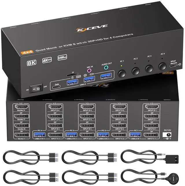Main image of KVM Switch 4 Monitors 4 Computers HDMI + DisplayPort, KCEVE DP KVM Switcher with Audio Jack, 8K@30Hz/4k@144Hz for 4 PC Share 4 Display and 4 USB 3.0 Devices