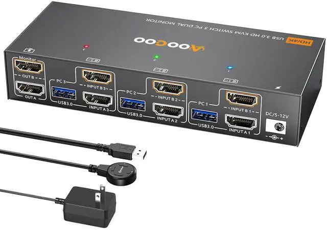 Main image of HDMI KVM Switch 2 Monitors 3 PC, 4K@60Hz Dual Monitor KVM Switches with EDID Simulator, USB 3.0 Port,Wired Remote,Power Adapter and 3 USB3.0 Cables Included