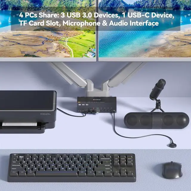 Alt view image 5 of 7 - KVM Switch 4 Monitors 4 Computers HDMI + DisplayPort, KCEVE DP KVM Switcher with Audio Jack, 8K@30Hz/4k@144Hz for 4 PC Share 4 Display and 4 USB 3.0 Devices