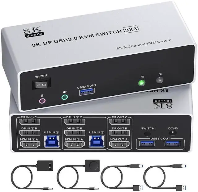 Main image of KVM Switch 3 Monitors 2 Computers 4K@144Hz/8K@60Hz, USB3.0 HDMI Dispalyport KVM Switch Triple Monitor for 2 PC Share 3 Monitors and Keyboard Mouse, Wired Remote and USB3.0 Cables Included 2 DP+1 HDMI