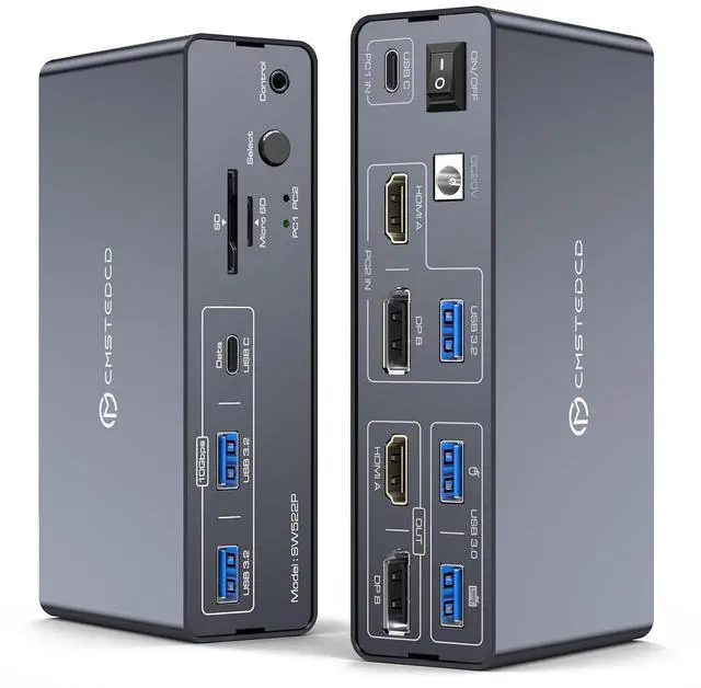 Main image of KVM Switch 2 Monitors 2 Computers Docking Station USB C + HDMI/DP Input with 100W PD, 4K60Hz/4K120Hz Displayport HDMI Dual Monitor for Laptop and Desktop Share 13-in-1 Dock Aluminum Case Plug and Play