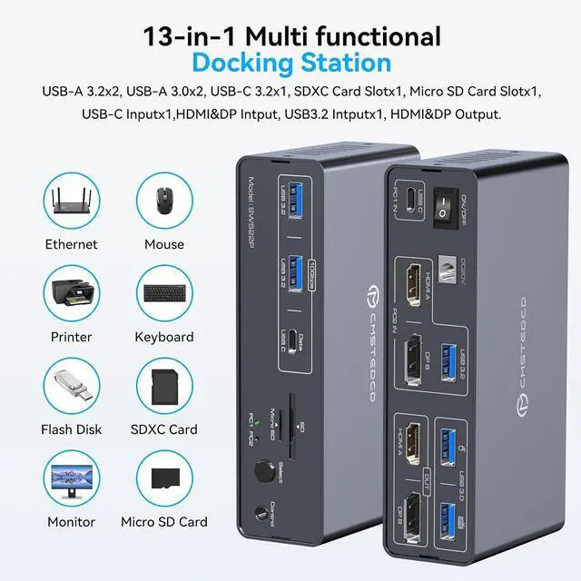 Alt view image 6 of 7 - KVM Switch 2 Monitors 2 Computers Docking Station USB C + HDMI/DP Input with 100W PD, 4K60Hz/4K120Hz Displayport HDMI Dual Monitor for Laptop and Desktop Share 13-in-1 Dock Aluminum Case Plug and Play