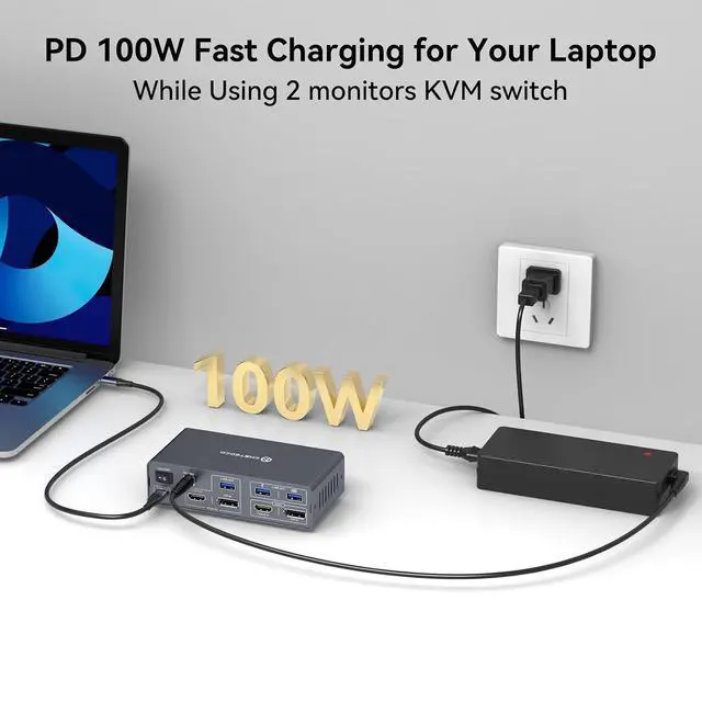 Alt view image 7 of 7 - KVM Switch 2 Monitors 2 Computers Docking Station USB C + HDMI/DP Input with 100W PD, 4K60Hz/4K120Hz Displayport HDMI Dual Monitor for Laptop and Desktop Share 13-in-1 Dock Aluminum Case Plug and Play