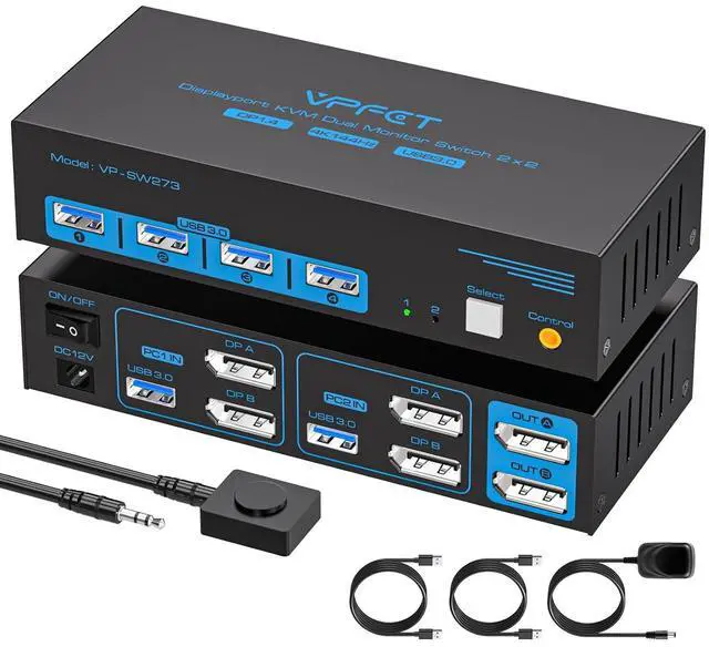 Main image of 4K@144Hz KVM Switch 2 Monitors 2 Computers Display Port 8K@60Hz USB 3.0 KVM Switch Dual Monitor for 2 Computers Share 2 Monitors and 4 USB Devices Support Extended/Copy Mode with Desktop Controller