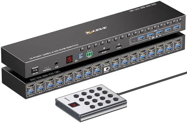 Main image of 16 Port HDMI KVM Switch 4K@60Hz EDID Simulation,1U Rack Mount KVM Switch 16 Computers 1 Monitor, KVM Switches with 6 USB 3.0 Ports, TF/SD, Audio,RS232, Wired Remote & 12V Power+16 USB Cable Included