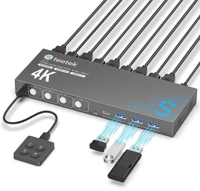 Main image of USB 3.0 HDMI KVM Switch 1 Monitors 4 Computers, 4K@60Hz KVM Switches for 4 Computers Sharing Monitor Keyboard Mouse Hard Drives Printer, with EDID Adaptive,1 HDMI Cable and 4 USB Cable