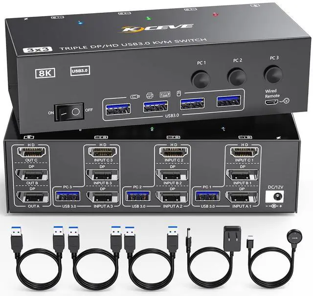 Main image of KVM Switch 3 Monitors 3 Computers HDMI + DisplayPort, KCEVE 8K USB 3.0 DP KVM Switcher, 8K@30Hz/4k@144Hz Triple Monitor DP KVM for 3 PC Share 3 Display and 4 USB 3.0 Devices