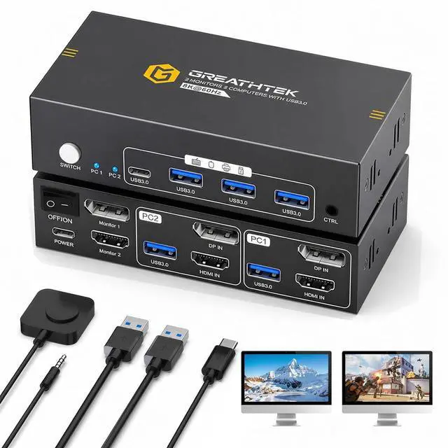 Main image of HDMI+Displayport KVM Switch 2 Monitors 2 Computers 8K@60HZ Dual Monitors KVM Switcher for 2 PC/Laptops Share Mouse Keyboard and 2 Screens,with USB3.0 Ports/Wired Controller EDID Adapative