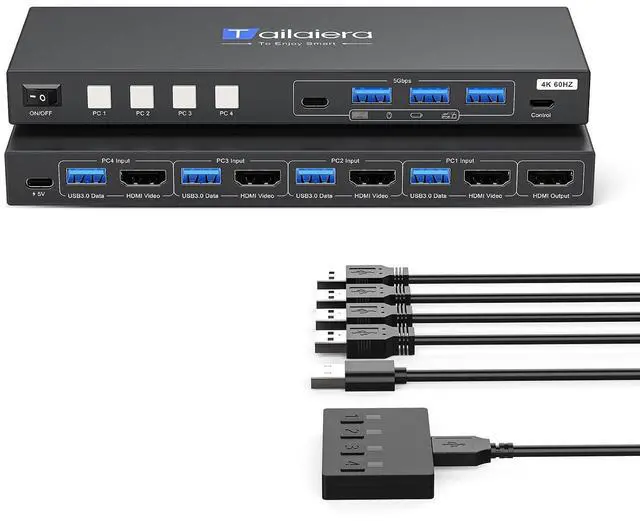 Main image of HDMI KVM Switch 1 Monitors 4 Computers - 4K@60Hz 4 Port KVM Switch for 4 Computers,Kvm Switch 4 Computers with 4 USB 3.0 Ports Share Keyboard Mouse Printer with 4 USB Cables and Desktop Controller