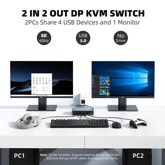 Alt view image 2 of 7 - 4K@120Hz Kvm Switch 2 Monitors 2 Computers 8K@60Hz DP Displayport Dual Monitor KVM Switches, 4 USB3.0 Ports for 2 PC Share Mouse Keyboard and 2 Screens Support PoC EDID Button Switch Plug and Play