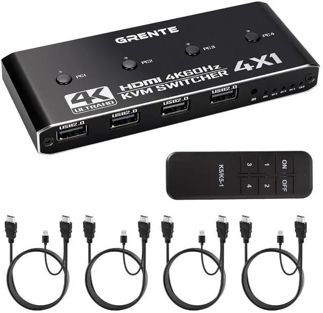 Main image of 4 Port KVM Switch HDMI 1 Monitors 4 Computers - 4K@60Hz KVM Switcher with USB 2.0, 1 Keyboard 4 Computers Switch Box for Desktop, Mini PC, Laptop, Linux - with 4 HDMI Cables & USB Cables