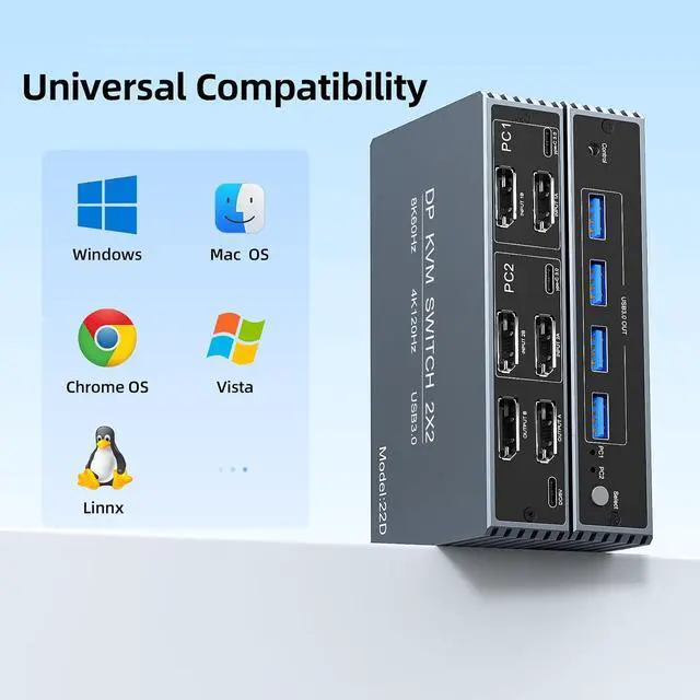 Alt view image 6 of 7 - 4K@120Hz Kvm Switch 2 Monitors 2 Computers 8K@60Hz DP Displayport Dual Monitor KVM Switches, 4 USB3.0 Ports for 2 PC Share Mouse Keyboard and 2 Screens Support PoC EDID Button Switch Plug and Play