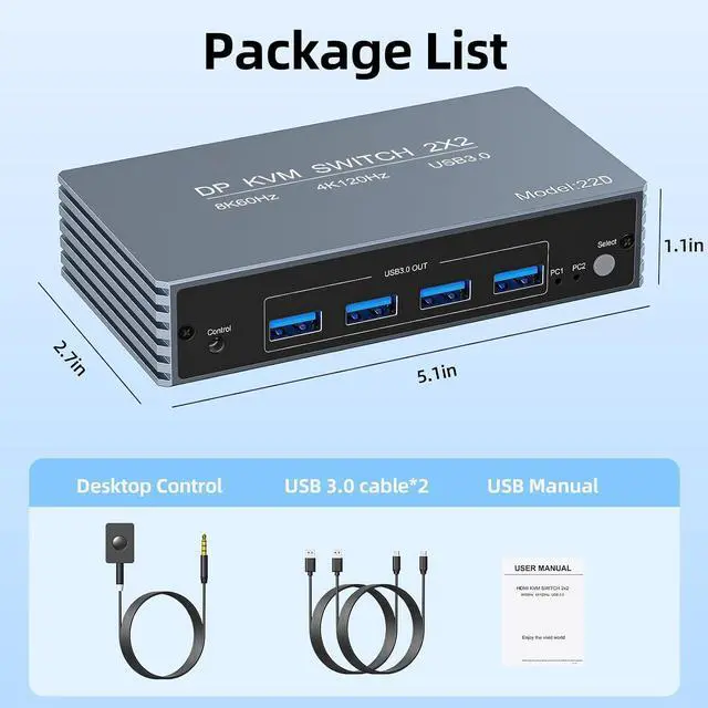 Alt view image 7 of 7 - 4K@120Hz Kvm Switch 2 Monitors 2 Computers 8K@60Hz DP Displayport Dual Monitor KVM Switches, 4 USB3.0 Ports for 2 PC Share Mouse Keyboard and 2 Screens Support PoC EDID Button Switch Plug and Play