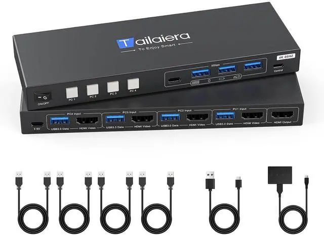 Main image of HDMI KVM Switch 4 Computers 4K@60Hz with 4 USB 3.0 Ports KVM Switches Share One Monitor Keyboard Mouse Hard Drives Printer with 4 USB Cables and Desktop Controller