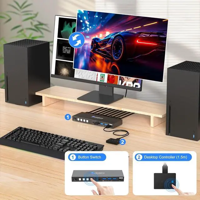 Alt view image 2 of 7 - HDMI KVM Switch 1 Monitors 4 Computers - 4K@60Hz 4 Port KVM Switch for 4 Computers,Kvm Switch 4 Computers with 4 USB 3.0 Ports Share Keyboard Mouse Printer with 4 USB Cables and Desktop Controller