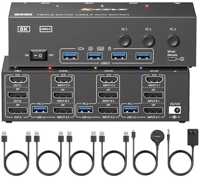 Main image of KVM Switch 3 Monitors 3 Computers 8K@60Hz 4K@144Hz, HDMI Dispalyport Triple Monitor KVM Switches with 4 USB3.0 Port for USB Devices, Support Extended/Mirror Mode, Wired Controller and USB3.0 Cables