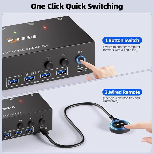 Alt view image 6 of 7 - KVM Switch 3 Monitors 3 Computers 8K@60Hz 4K@144Hz, HDMI Dispalyport Triple Monitor KVM Switches with 4 USB3.0 Port for USB Devices, Support Extended/Mirror Mode, Wired Controller and USB3.0 Cables