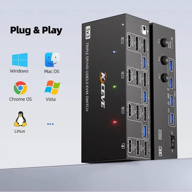 Alt view image 7 of 7 - KVM Switch 3 Monitors 3 Computers 8K@60Hz 4K@144Hz, HDMI Dispalyport Triple Monitor KVM Switches with 4 USB3.0 Port for USB Devices, Support Extended/Mirror Mode, Wired Controller and USB3.0 Cables