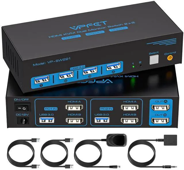 Main image of 8K HDMI KVM Switch 2 Monitors 2 Computers Dual Monitor Extended Display 8K@60Hz 4K@120Hz, 2-Port KVM Switches with 4-Port USB 3.0 Hub, Desktop Controller and 2 USB Cables