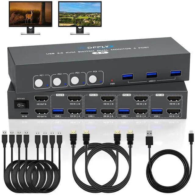 Main image of USB3.0 Switch HDMI Kvm Switch 4 Computers 2 Monitors with 3 USB Ports, 4K@60Hz for 4 Computers Sharing 2 Monitors and Keyboard Mouse, Supports Button Control, EDID Compatible
