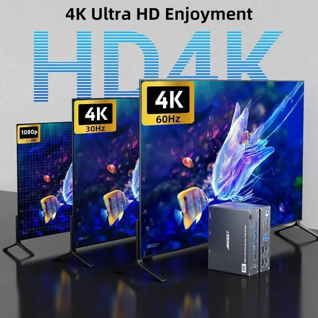 Alt view image 5 of 7 - KVM Switch 2 Monitors 1 Laptop 1 Desktop 4K@60Hz, Dual Monitor KVM Switch Docking Station with 4 USB 3.0 Port for USB Peripherals, 80W PD Charging, Wired Remote and USB-C Cable Included