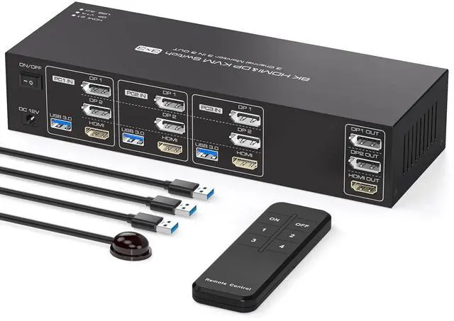 Main image of KVM Switch 3 Monitors 3 Computers 4K144Hz 2 Displayport HDMI Triple Monitor KVM for 3 PC Sharing 3 Screens and 4 USB 3.0 Port with Controller