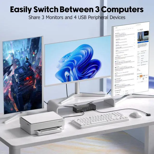 Alt view image 2 of 7 - KVM Switch 3 Monitors 3 Computers 4K@60Hz EDID Simulation, USB 3.0 HDMI Displayport KVM Switch Triple Monitor for 3 PC Share 3 Monitors and Keyboard Mouse Printer, with Wired Remote and 3 USB Cables