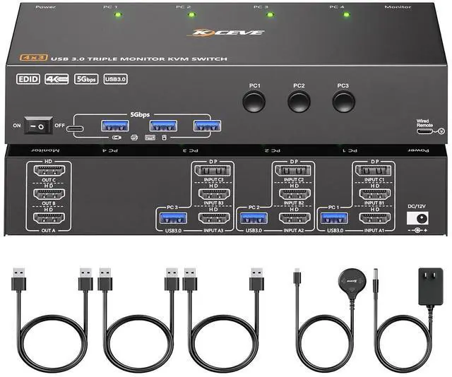Main image of KVM Switch 3 Monitors 3 Computers 4K@60Hz EDID Simulation, USB 3.0 HDMI Displayport KVM Switch Triple Monitor for 3 PC Share 3 Monitors and Keyboard Mouse Printer, with Wired Remote and 3 USB Cables